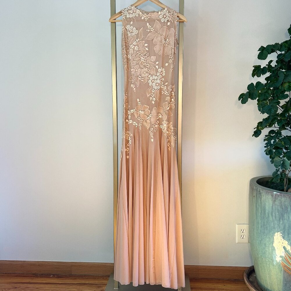 Ema Savahl, Nude/blush, Floor Length Jewel Neck Gown With Godet Skirt, S…